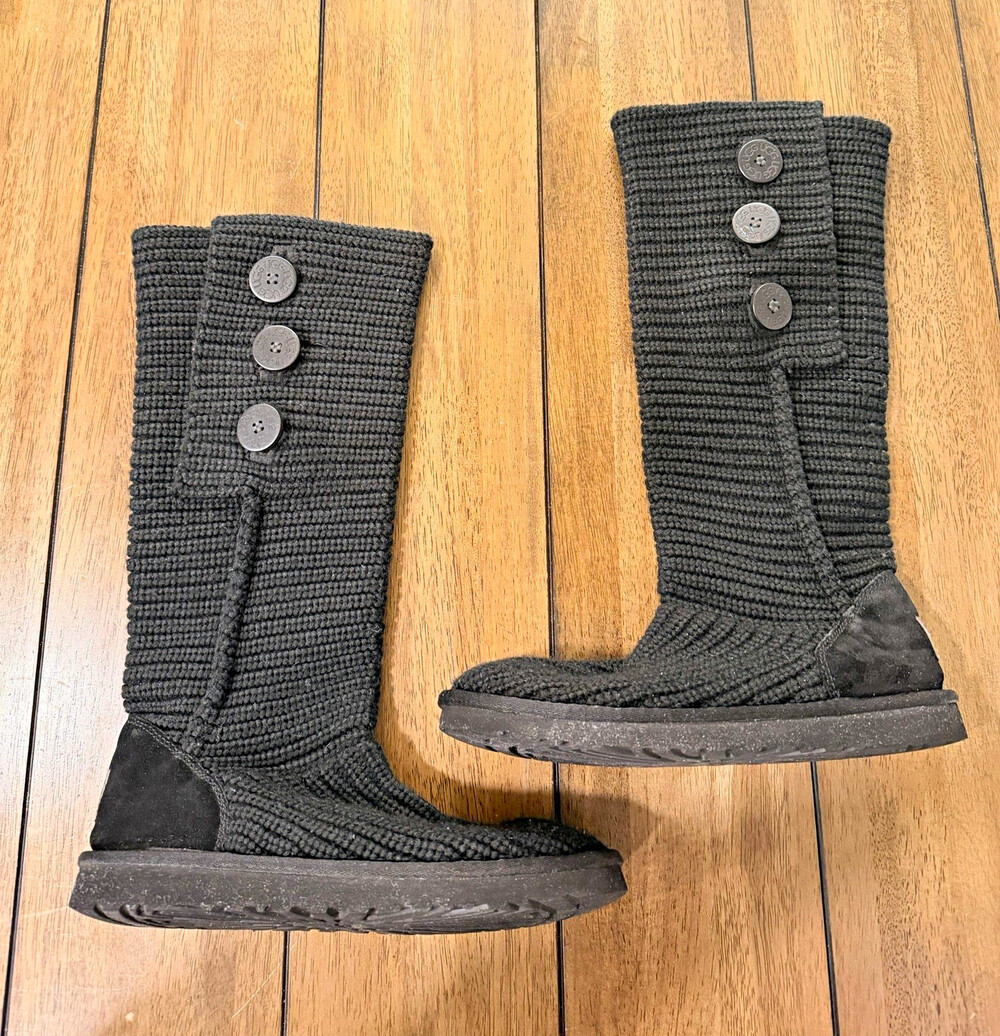 UGG Classic Cardy Black Knit Button Knee High Boots Black Sz 9